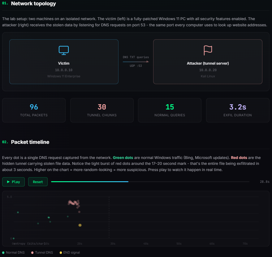 DNS tunnel PCAP visualization showing network topology and packet timeline