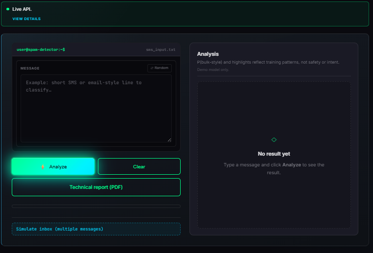 SMS bulk-style classifier demo UI